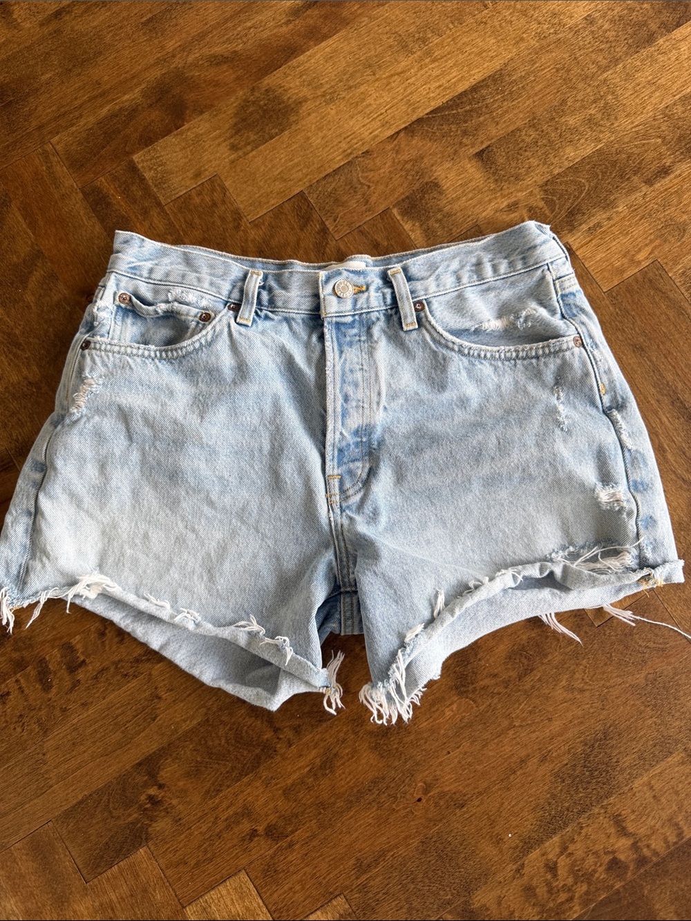 Agolde Light Blue Frayed Hem Distressed Denim Shorts